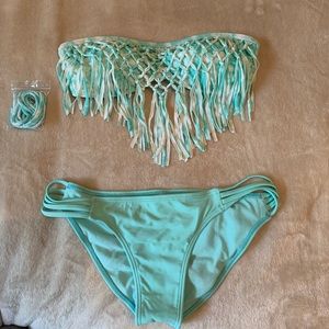 Aqua Blue Fringe Bikini Top and Scrunch Bottom